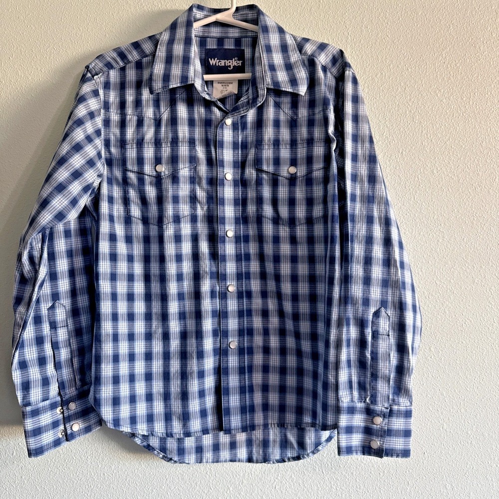 Wrangler Western Shirt Kids Size M (7-8) Blue Plaid Pearl Snap Rodeo Work Ranch